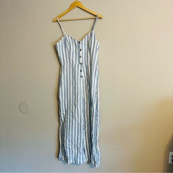 Reformation Torta Linen Blue Stripe Sleeveless Button Front Jumpsuit Size 10 - Picture 8 of 14